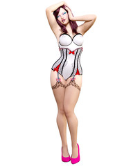 Tall sexy woman white corset and dark stockings garters.Burlesque show.Girl magnificent voluptuous shapes.Conceptual fashion art.Seductive candid pose.Realistic 3D render illustration.Studio