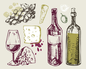 Wine collection - food hand drawn fet - wine and cheese