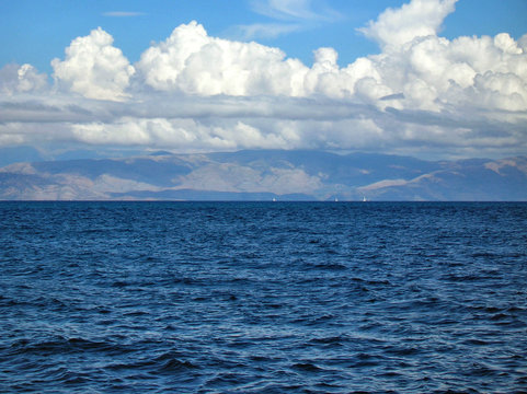 Ionian Sea, Beautiful seascape. View the coast of Greece from the resort island of Corfu.