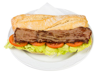 Grilled beef sandwich on tomato bed and fresh lettuce on white background in studio