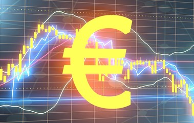 Forex candlestick pattern. Trading chart concept. Financial market chart. Euro neon shine symbol. 3D rendering