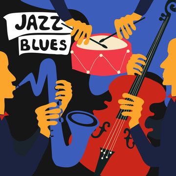 Jazz music festival colorful poster with music instruments. Saxophone, drum and violoncello player flat vector illustration. Jazz concert