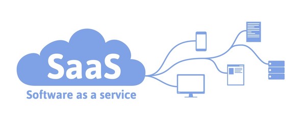 Concept of SaaS, software as a service. Cloud software on computers, mobile devices, codes, app server and database. Vector illustration in flat style, isolated on white background.