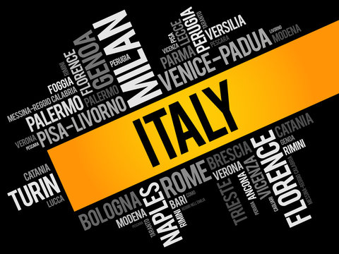 List of cities in Italy, word cloud collage, travel concept background