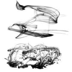 Shapeless black smoke jets for design on a white background.