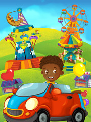 Obraz na płótnie Canvas cartoon scene with happy and funny kids on the playground and in the car - illustration for children