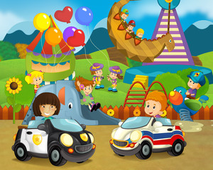 cartoon scene with happy and funny kids on the playground and in the car - illustration for children