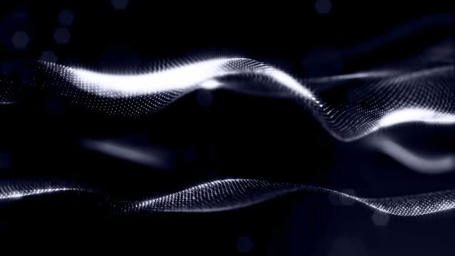 3d rendering background with particles and depth of field. Loop animation, seamless footage. Dark digital abstract background with beautiful glowing particles. Black color V2