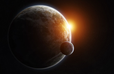 Distant planet system in space with exoplanets 3D rendering elements of this image furnished by NASA