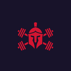 Gym logo with spartan helmet and barbells