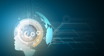 Artificial intelligence with woman face. Technology web background. Virtual concept. Machine learning.