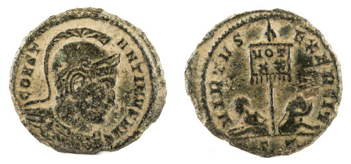 Ancient Roman copper coin of Emperor Constantine I Magnus.