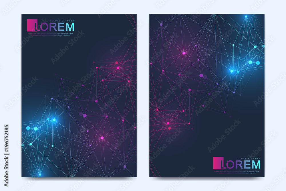 Poster Modern vector template for brochure Leaflet flyer advert cover catalog magazine or annual report. Geometric pattern with connected lines and dots. Cybernetic dots. Lines plexus. Card surface.
