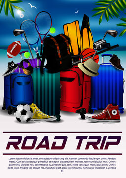 Road trip family travel flyer beach background with very elements