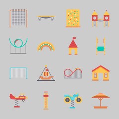 Icons about Amusement Park with game zone, climb , swing , roller coaster, sunshade and playground