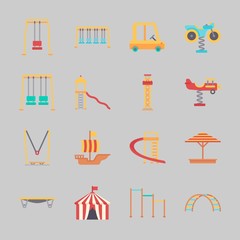 Icons about Amusement Park with horizontal bar, motor swing, climbing, climb , sailing boat and jumping flore