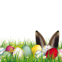 Colored Easter Eggs Grass Hare Ears White Background