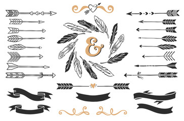 Hand drawn vintage arrows, feathers, and ribbons with lettering. Romantic vector design wedding set.