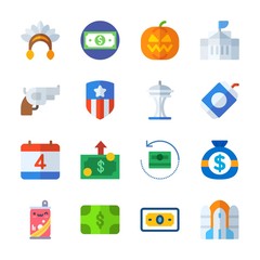 icon United States with usa, rocket ship, space needle, native american and gun