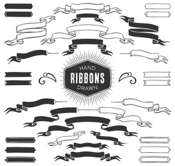 Hand drawn decorative ribbon banners. Vintage vector design elements. Ink illustration.