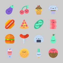 Icons about Food with hot dog, hamburger, ice cream, eggplant, pizza and scallion