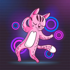 Vector hand drawn illustration of funny dancing cat on disco party. Cute animal character with neon lights on background.