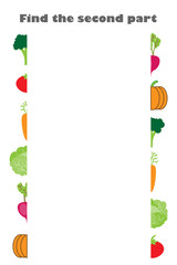 Find the second part of vegetables (tomato, broccoli, carrot) in cartoon style for children, preschool worksheet activity for kids, task for the development of logical thinking, vector illustration