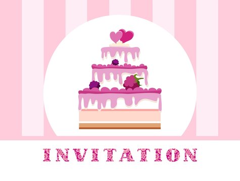 Invitation, raspberry cake, pink, striped, vector. Invitation for birthday, wedding. A holiday, a family celebration. Cake with berries and two hearts on pink, striped background. Vector picture.  
