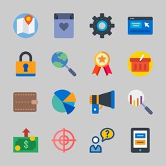 Icons about Commerce with online shop, search, megaphone, wallet, shopping bag and money