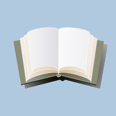 Open book hardcover on a light blue background. Vector illustration.