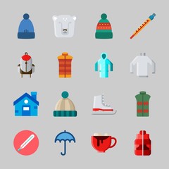 Icons about Winter with polar bear, rain coat, backpack, thermometer, ice skate and vest