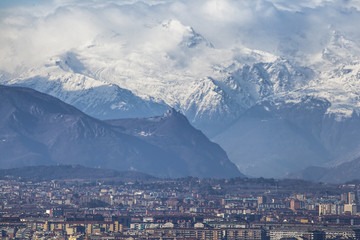 Turin aerial view with the Alps