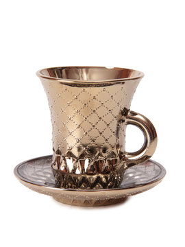 Ancient porcelain tea cups on a white background