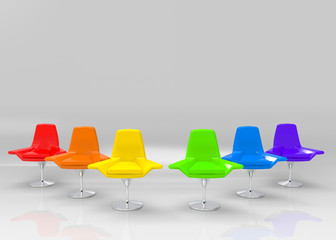 3d rendering. Rainbow color Chairs group with Copy space gray color wall as background. seating for LGBT or all sexual concept