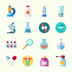 Icons about Medical with pill, pharmacy, test tube, microscope, cream and flask