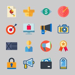 Icons about Commerce with photo camera, padlock, tag, online shop, target and wallet