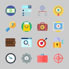 Icons about Commerce with targeting, search, padlock, time, target and video player