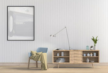 3D rendering of living Room Interior with armchair, plants, lamp, cabinet and mockup blank poster on a wall 