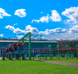 Electric power substation, bright sunny day