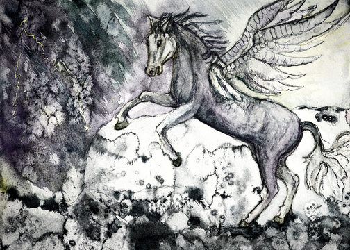 Colored drawing of white horse of the apocalypse. The dabbing technique near the edges gives a soft focus effect due to the altered surface roughness of the paper..