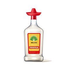 Vector Realistic tequila glass bottle sombrero lid