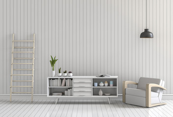 3D rendering of living Room Interior with armchair, plants, lamp, cabinet 