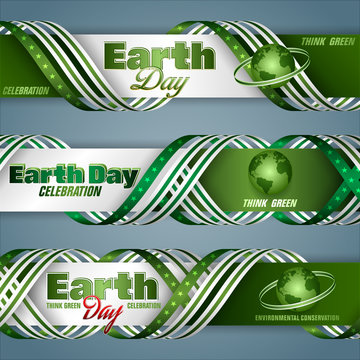 Set of banners background, design with texts and green Earth globe for Earth day celebration; Vector illustration
