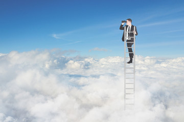 Young businessman with binoculars above cloud