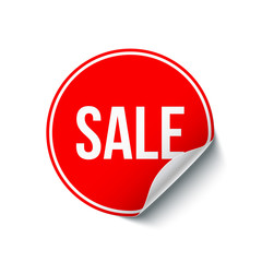 White Sale word on round red sticker with curled edge isolated on white background. Vector design element.