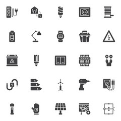 Electrician vector icons set, modern solid symbol collection, filled style pictogram pack. Signs, logo illustration. Set includes icons as  electric power supply, fluorescent lamp, power socket