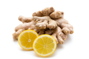 Ginger bio and lemon on white background.