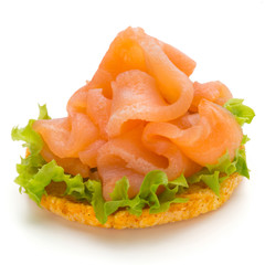 Bread with fresh salmon fillet isolated on white background, top view.