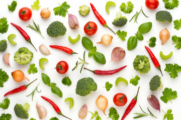 Vegetable and spices isolated on white background, top view. Wallpaper abstract composition of vegetables.