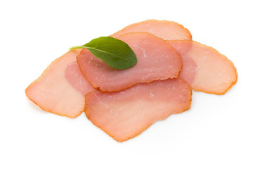 Sliced boiled ham sausage isolated on white background, top view.